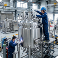 Technicians maintaining a large stainless steel pressure vessel